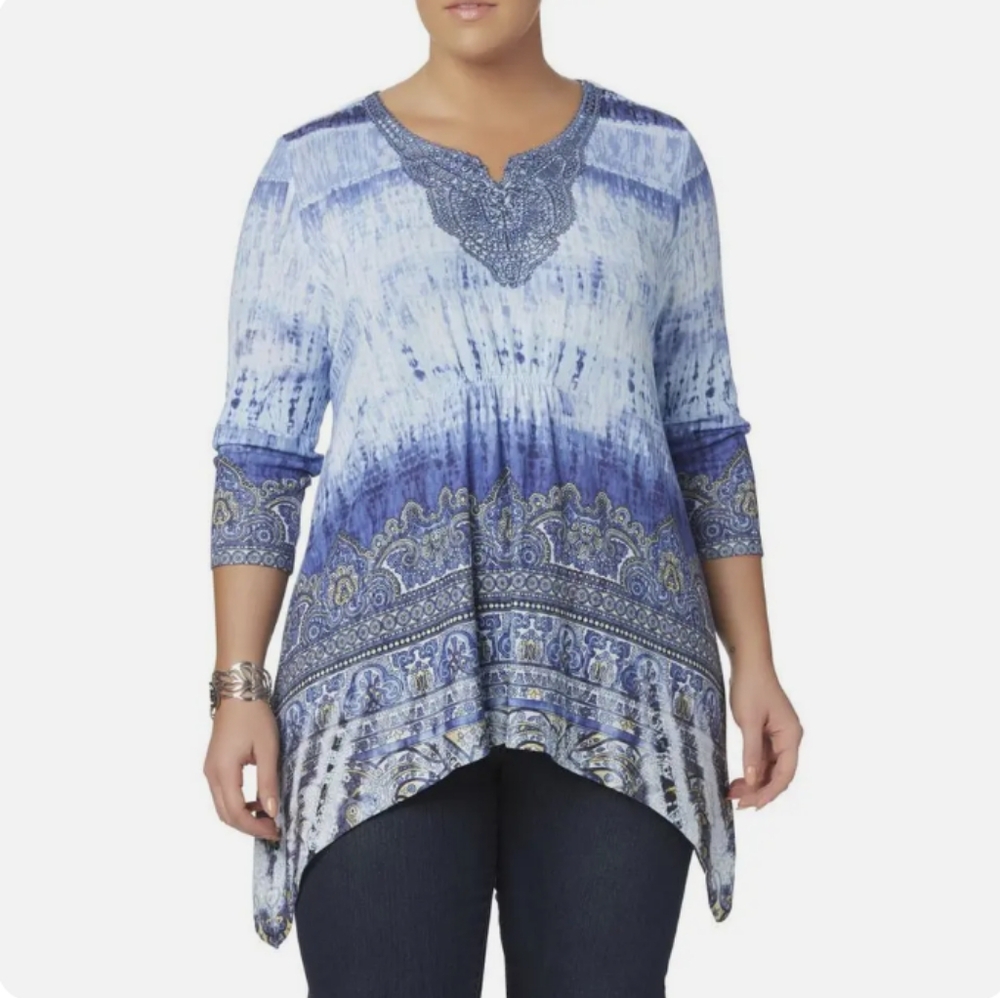 NWT One World Women's Shark Bite Top Shades Of Blue Size 3X